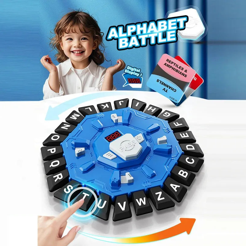 A blue alphabet battle game featuring letter tiles and a digital timer, with a hand pointing to the letters.