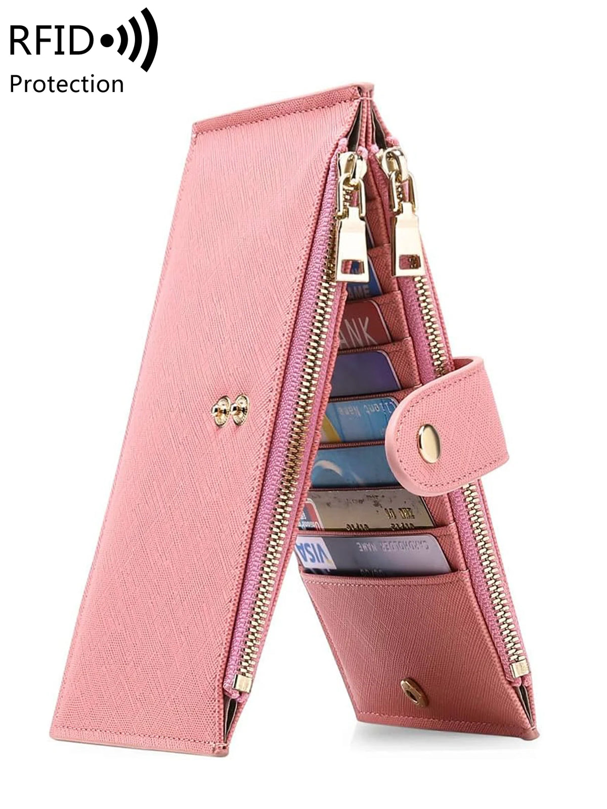 A pink RFID blocking extra-large bifold wallet with a double zipper security feature.