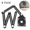 A set of six foldable aluminum angle rulers with locking segments shown in various configurations.