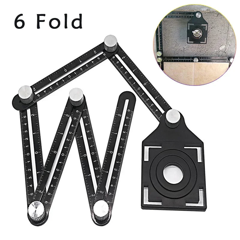 A set of six foldable aluminum angle rulers with locking segments shown in various configurations.
