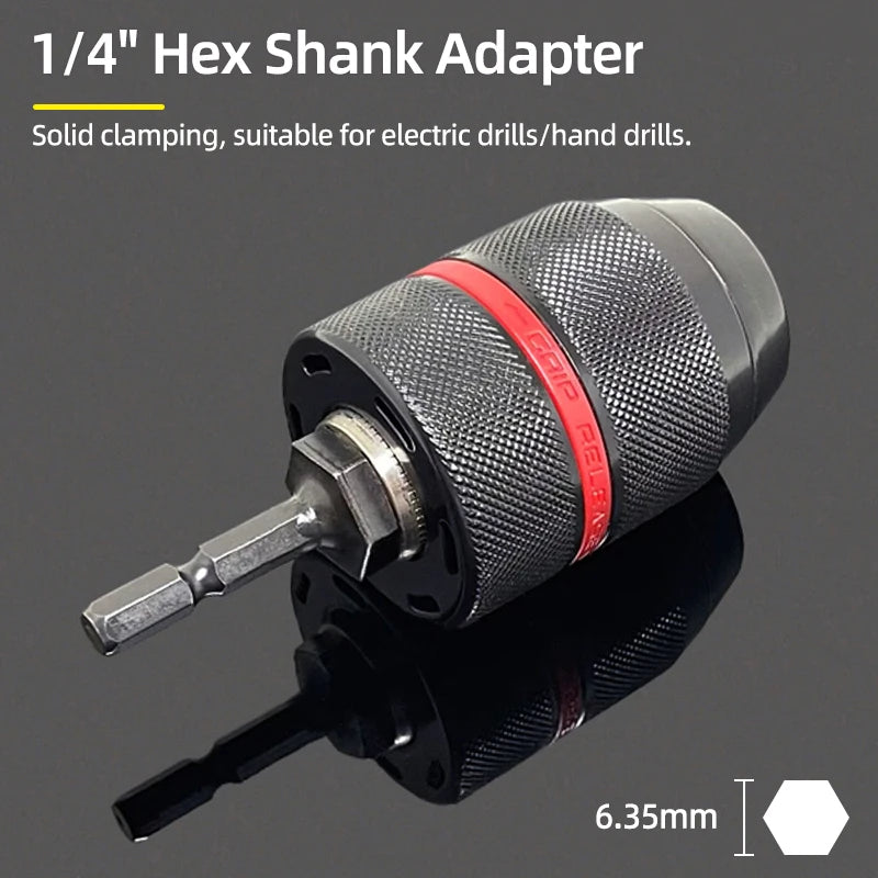 A close-up view of a 1/4 inch Hex Shank Adapter tool with a shaft and collar, designed for electric drills and hand drills.