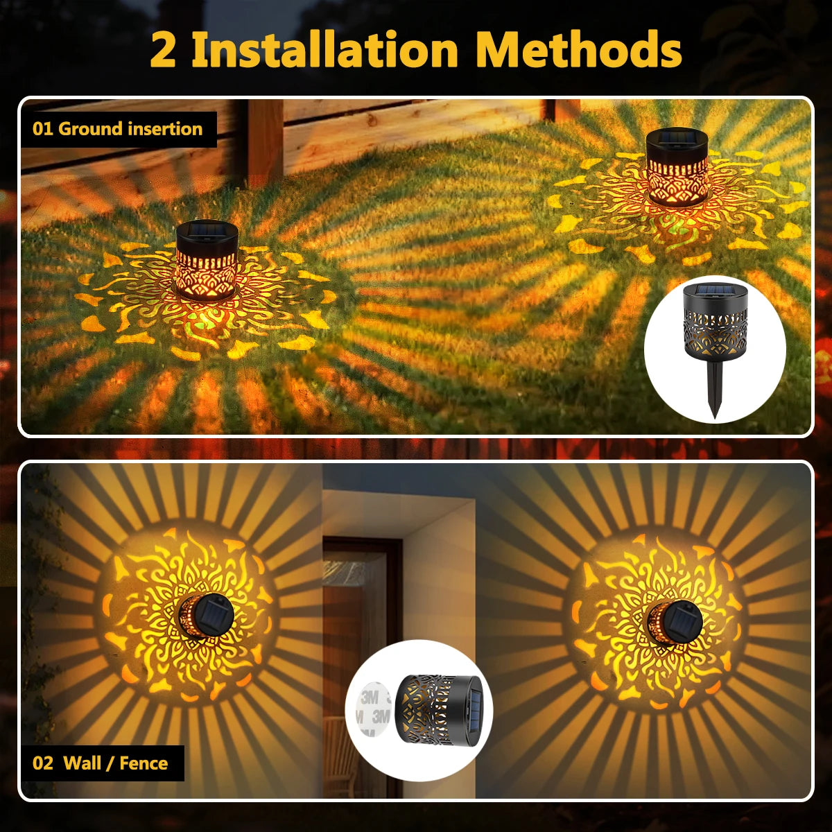 Image showing two installation methods for a solar-powered mandala light: ground insertion and wall/fence mounting.