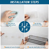 Installation steps showing how to clean the wall, peel off protective film, and hang the shelf after 12 hours.
