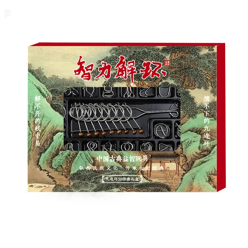 A box for a metal wire puzzle brain teaser set featuring Chinese characters and a landscape design.