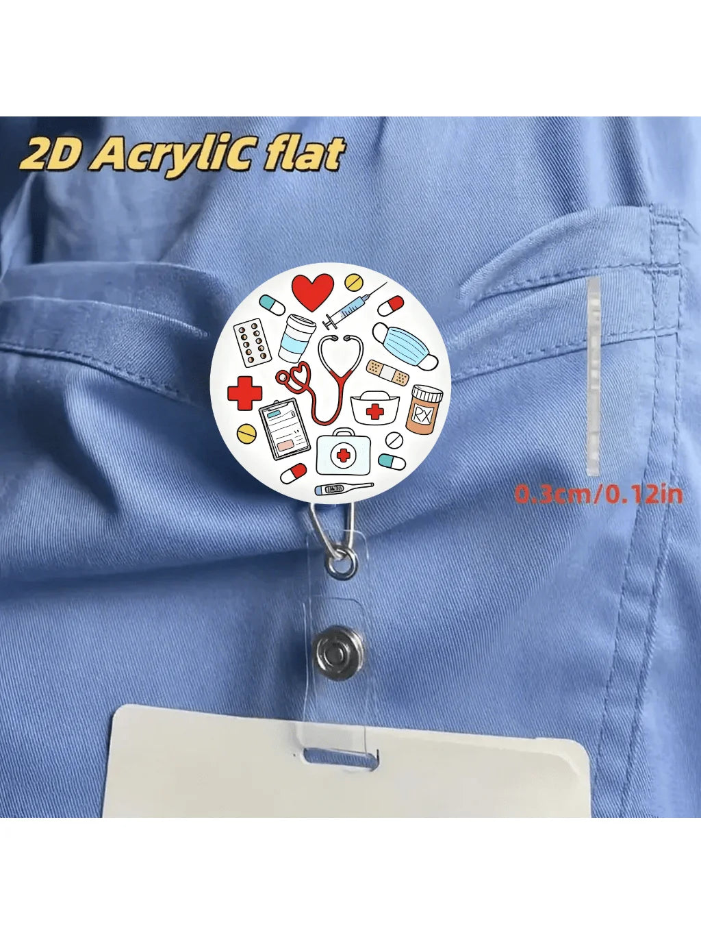 A round acrylic badge holder featuring medical symbols like a heart stethoscope and first aid kit attached to a clip.
