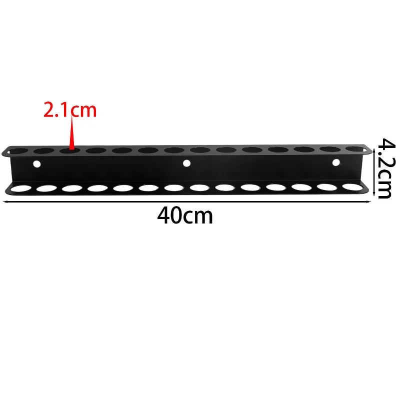 Black wall-mounted tool organizer with multiple slots for holding pliers, screwdrivers, and wrenches