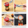 Instructions showing how to adjust, hold tightly, rotate, and finish using an adjustable stainless steel can opener set on a 