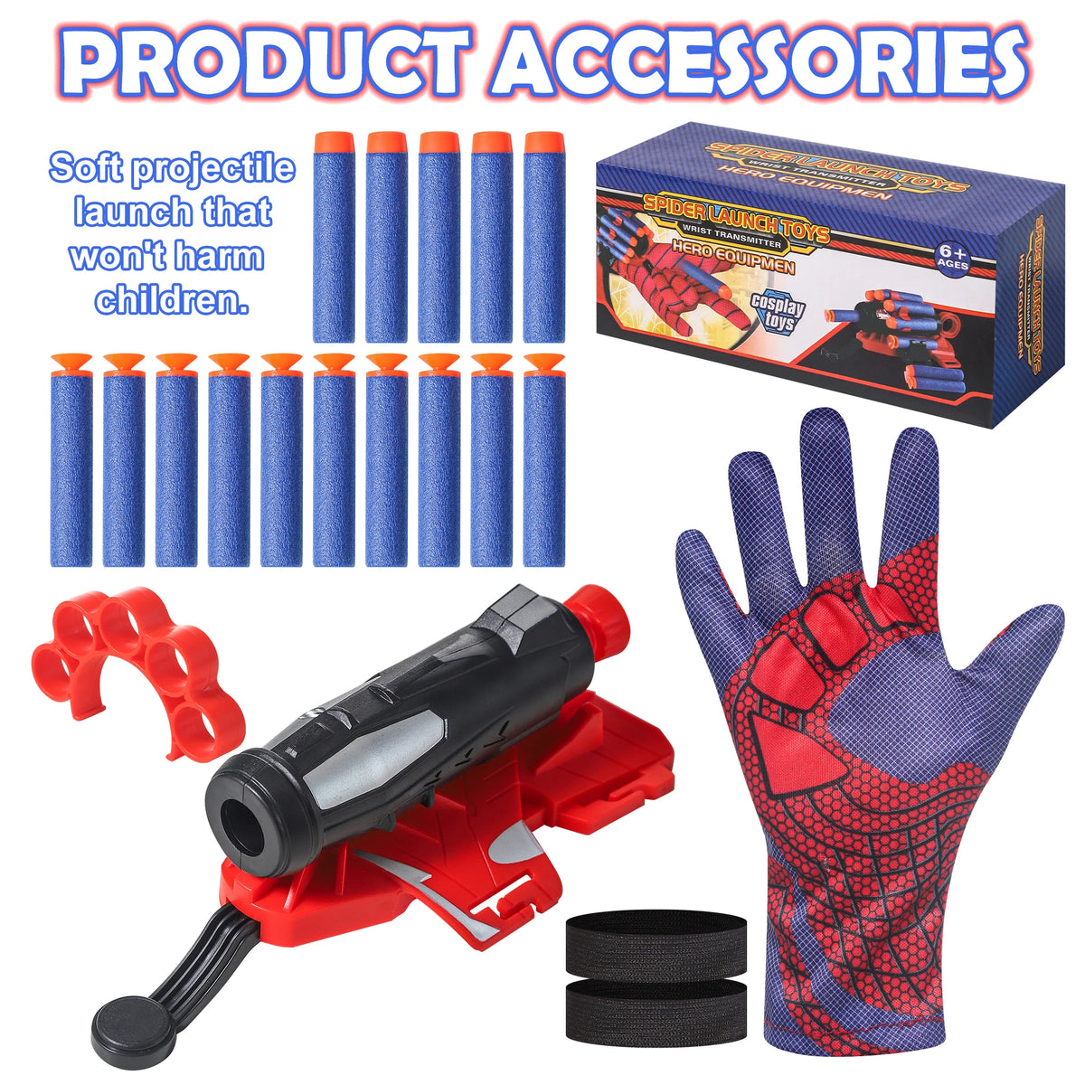 A set of Spider Launch toys including a foam dart launcher, a red glove, and several blue darts.