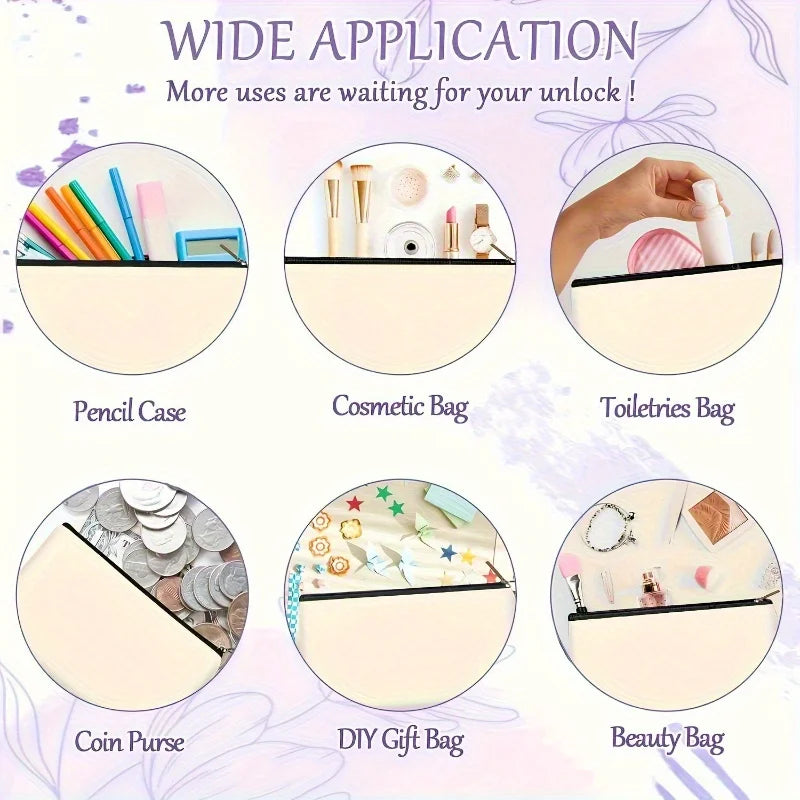 A collection of various bags including a pencil case, cosmetic bag, toiletries bag, coin purse, DIY gift bag, and beauty bag.