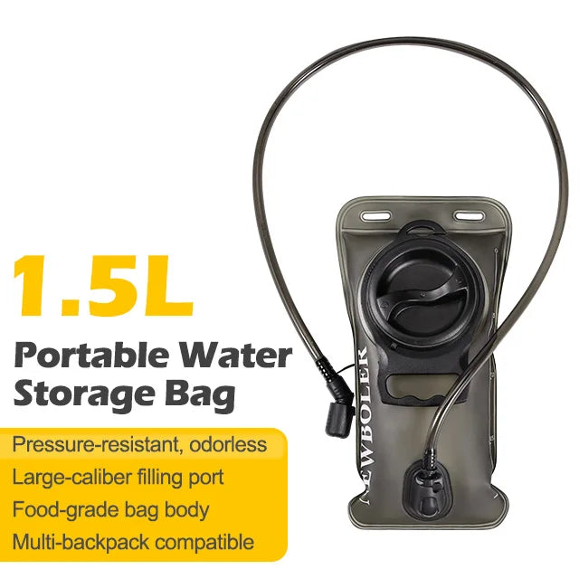 A portable water storage bag with a hose and a large filling port is shown against a white background.
