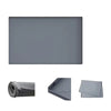 A gray flexible silicone sink protector mat with a textured surface shown in various views.