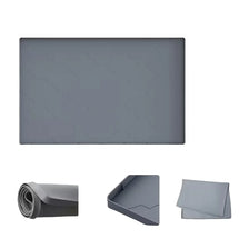 A gray flexible silicone sink protector mat with a textured surface shown in various views.