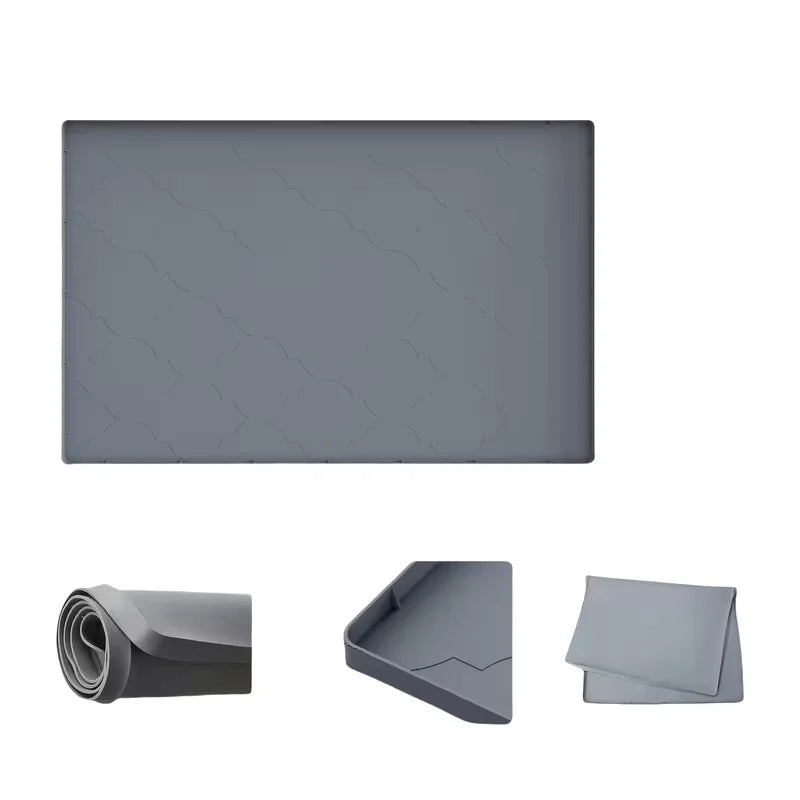 A gray flexible silicone sink protector mat with a textured surface shown in various views.