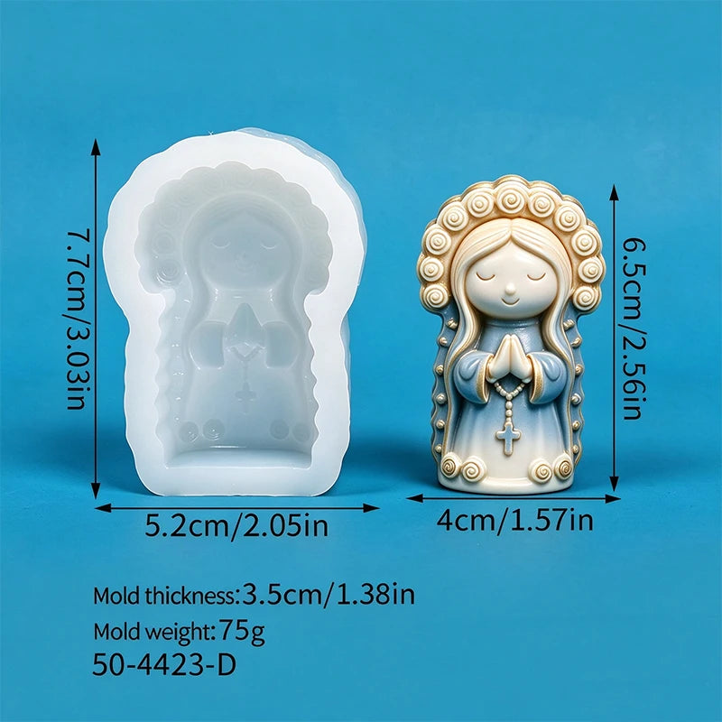 A white silicone mold of a praying girl is shown next to the finished light blue decorative figure.