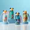 A set of five kids cartoon straw water bottles with leakproof lids in various colors and designs