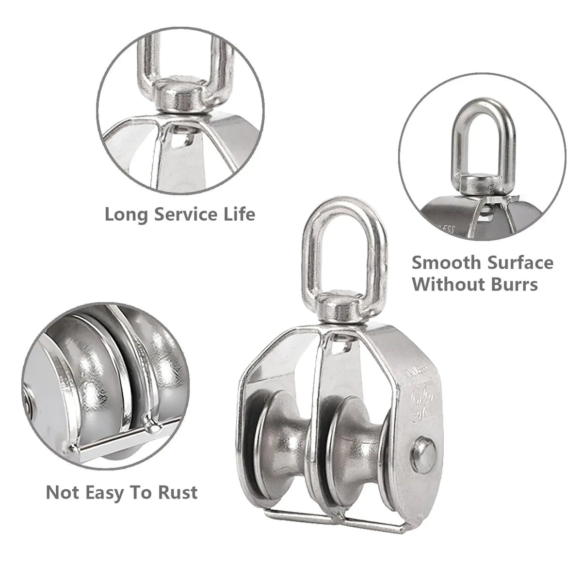 A heavy duty swivel double pulley block made of 304 stainless steel with a smooth surface and rust-resistant design.