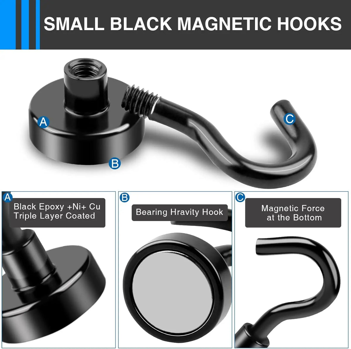 Black magnetic hooks shown in various forms including a flat mounting piece and an S-shaped hook.