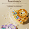 A yellow and purple interactive animal finger piano toy for toddlers with various buttons and a cute animal design.