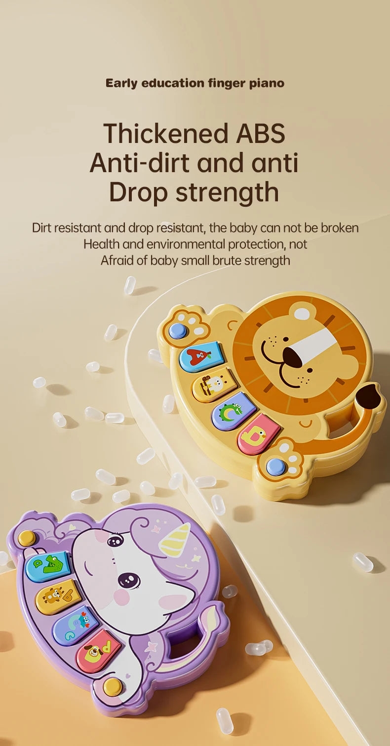 A yellow and purple interactive animal finger piano toy for toddlers with various buttons and a cute animal design.