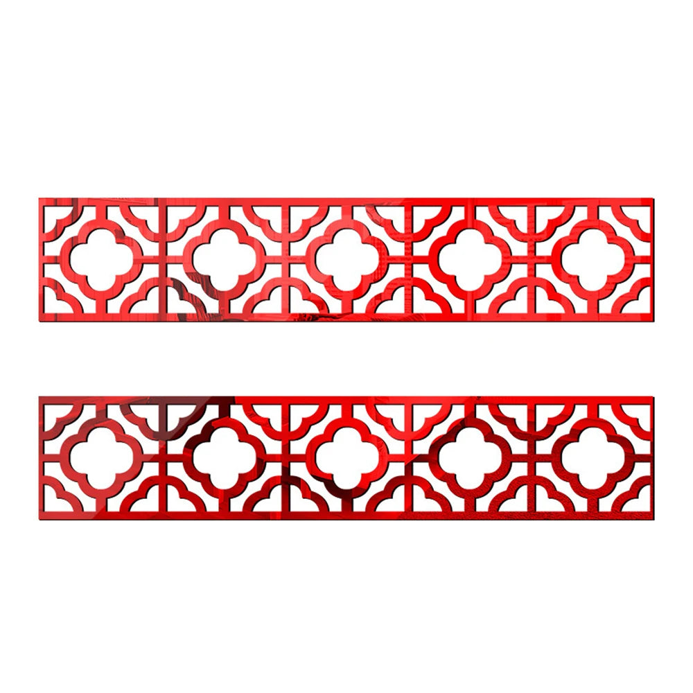 Red acrylic mirror wall stickers featuring a repeating geometric pattern of quatrefoil shapes.