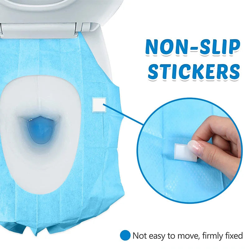 Blue non-slip stickers used to secure disposable toilet seat covers onto the toilet bowl.