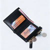 A black bi-fold wallet with a gold zipper features several cards and a coin.