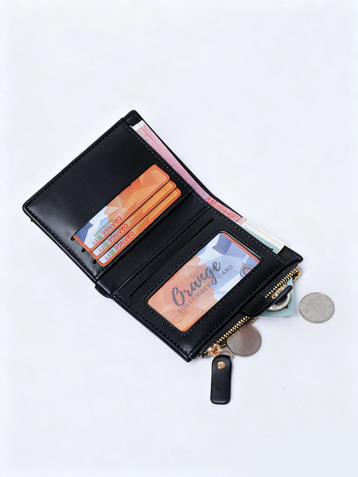 A black bi-fold wallet with a gold zipper features several cards and a coin.
