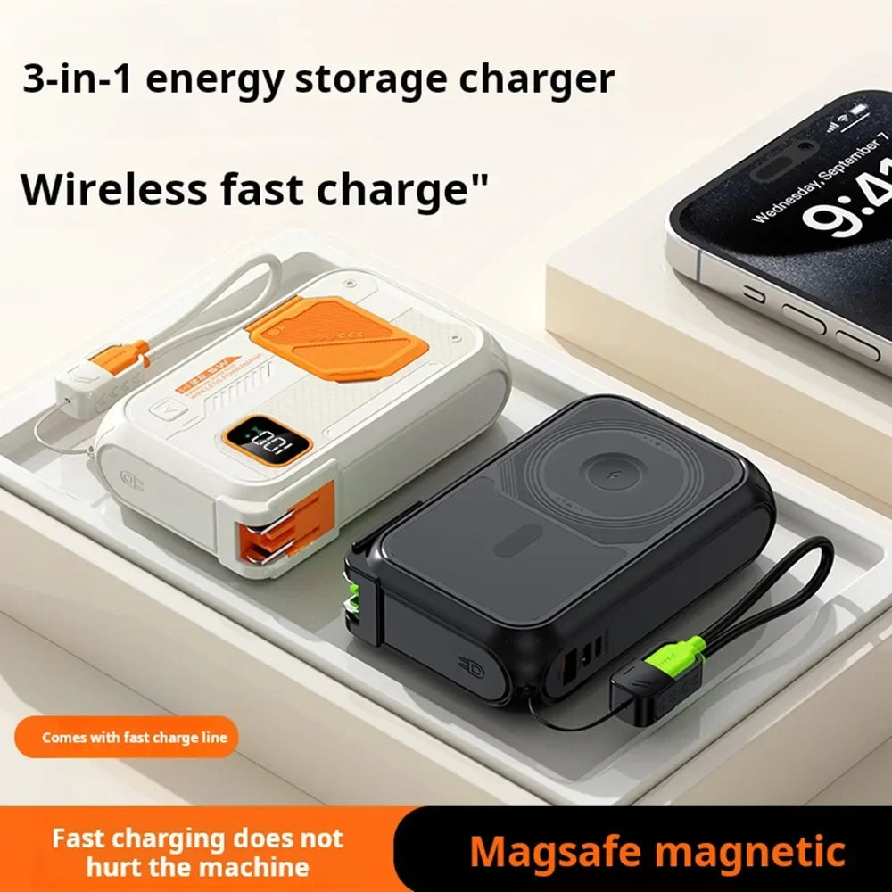 A 3-in-1 energy storage charger featuring a power bank and a wireless charging pad shown on a white surface.
