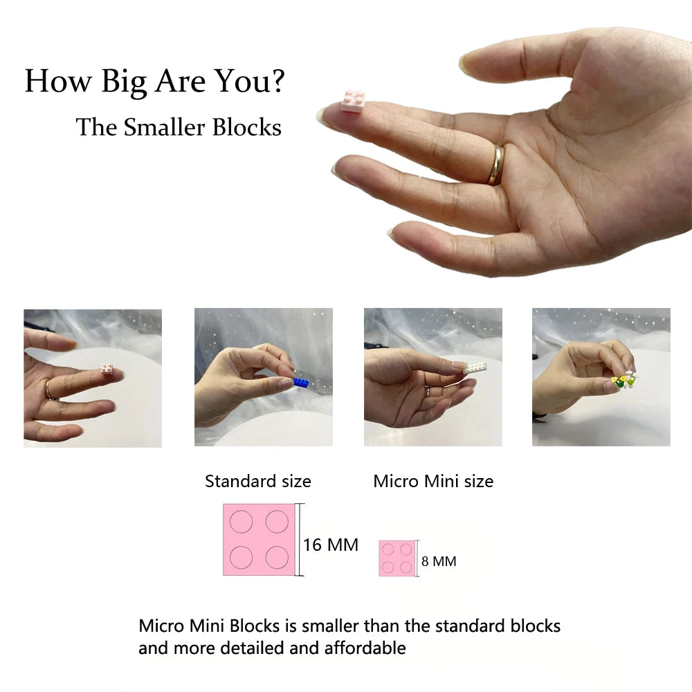 Hand holding a small pink block next to a hand, demonstrating the size difference between standard and micro mini building bl