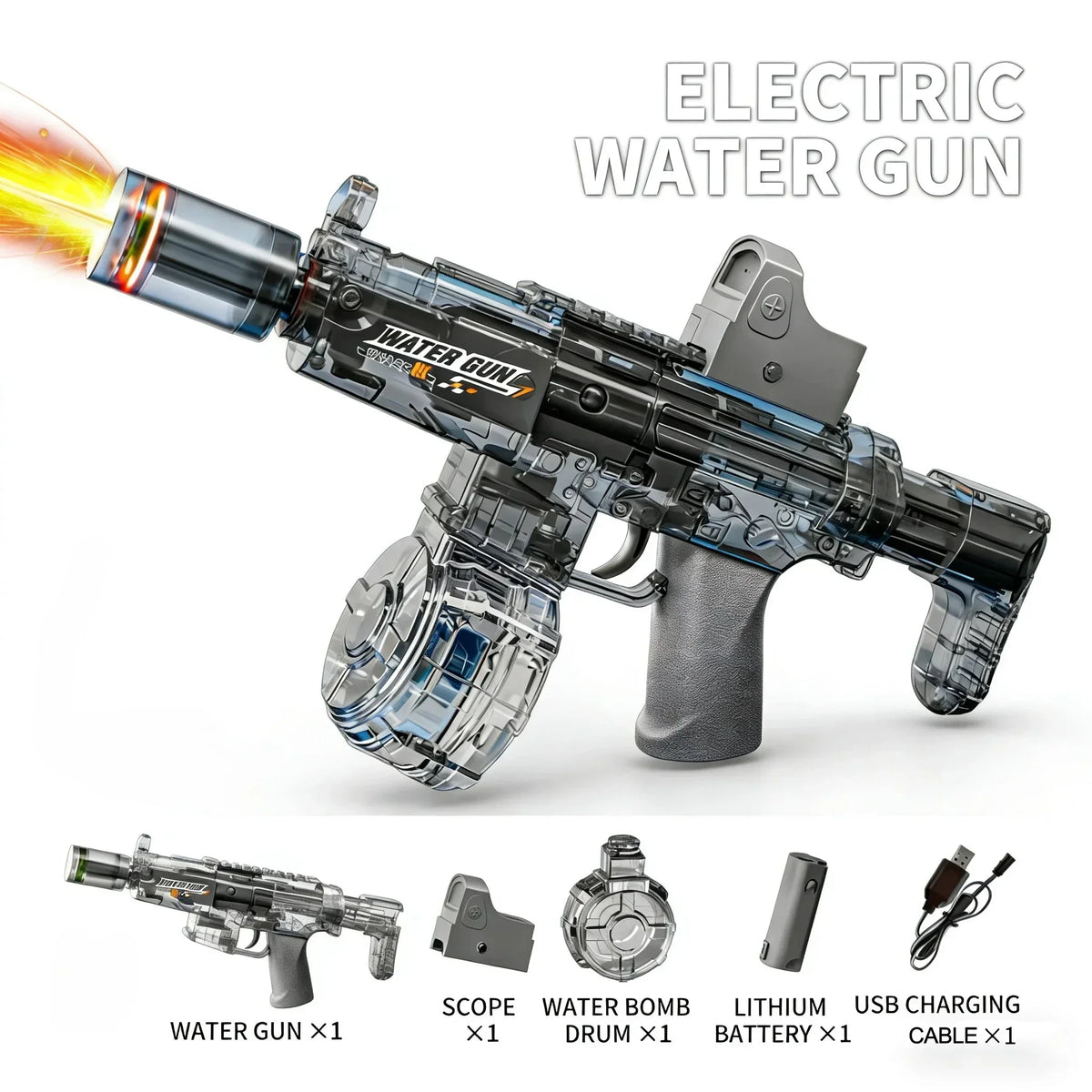 A black electric water gun is shown with various accessories like a scope, drum, battery, and USB charging cable.
