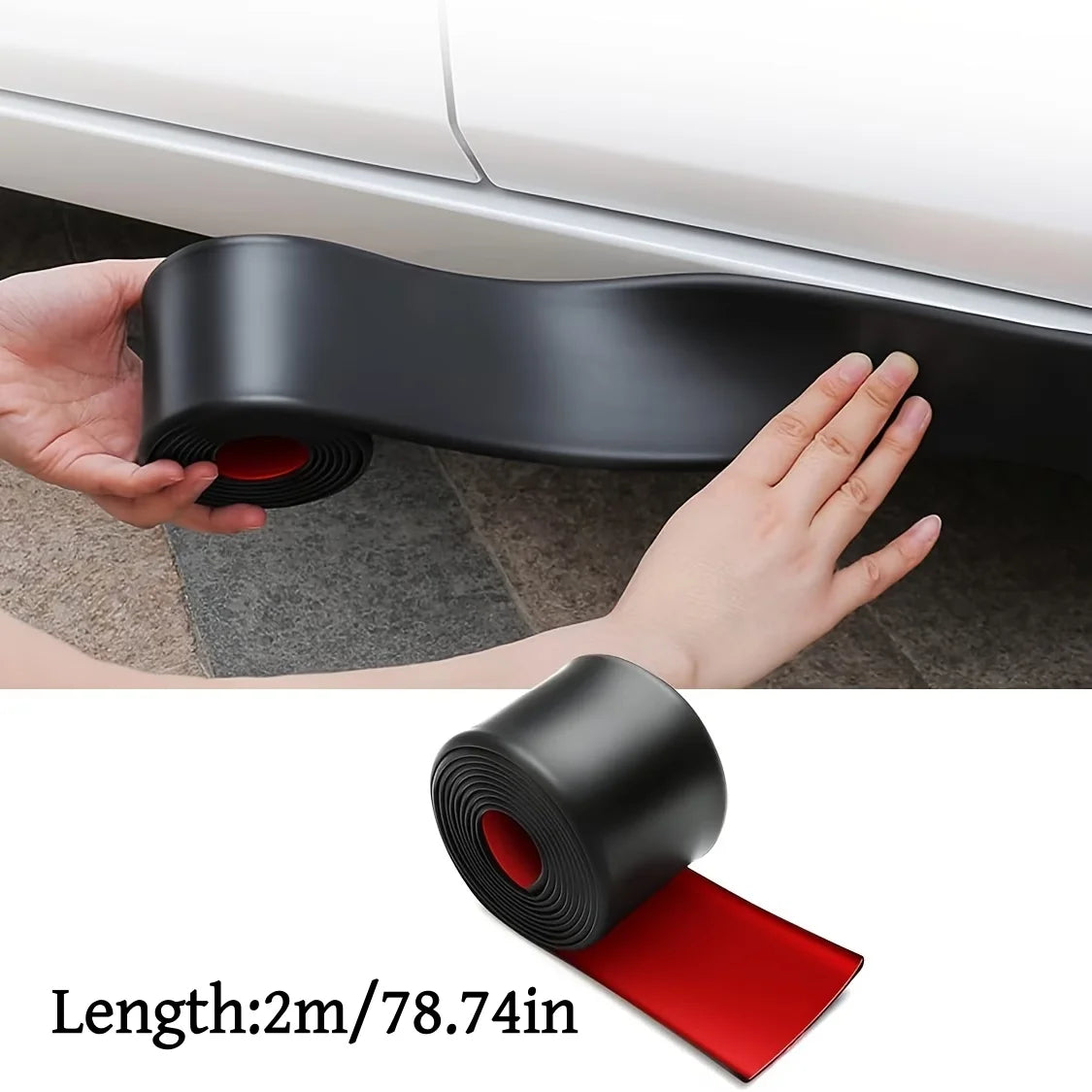 A hand is applying a black self-adhesive PVC strip to protect a car's door edge or side skirt.