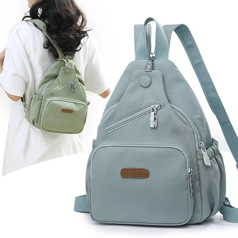 A light blue waterproof nylon crossbody sling bag is shown next to a woman holding a similar green version.