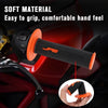 Close-up of an orange and black soft material motorcycle handlebar grip with a rubber coating on a red bike.