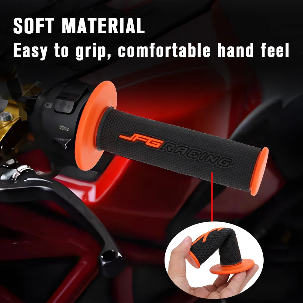 Close-up of an orange and black soft material motorcycle handlebar grip with a rubber coating on a red bike.