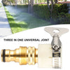 A silver and brass three-in-one universal joint adapter for a garden hose connection.