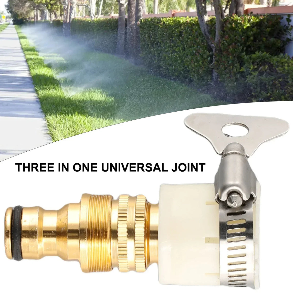 A silver and brass three-in-one universal joint adapter for a garden hose connection.