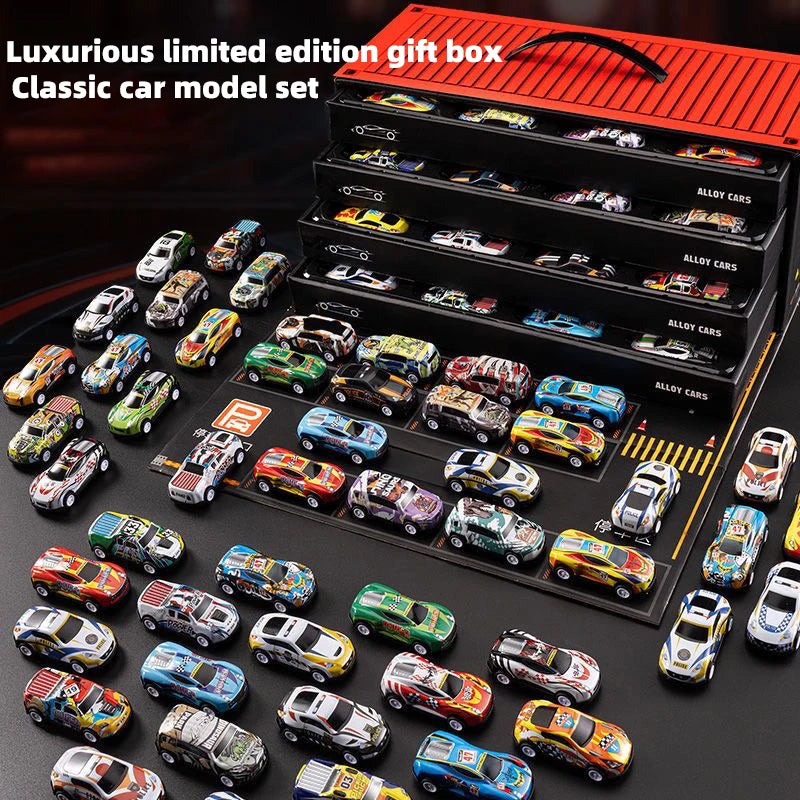 A collection of 48 diecast metal cars organized in a red gift box set.