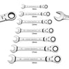 A set of chrome vanadium flex-head ratcheting wrenches with various sizes from 8mm to 19mm.