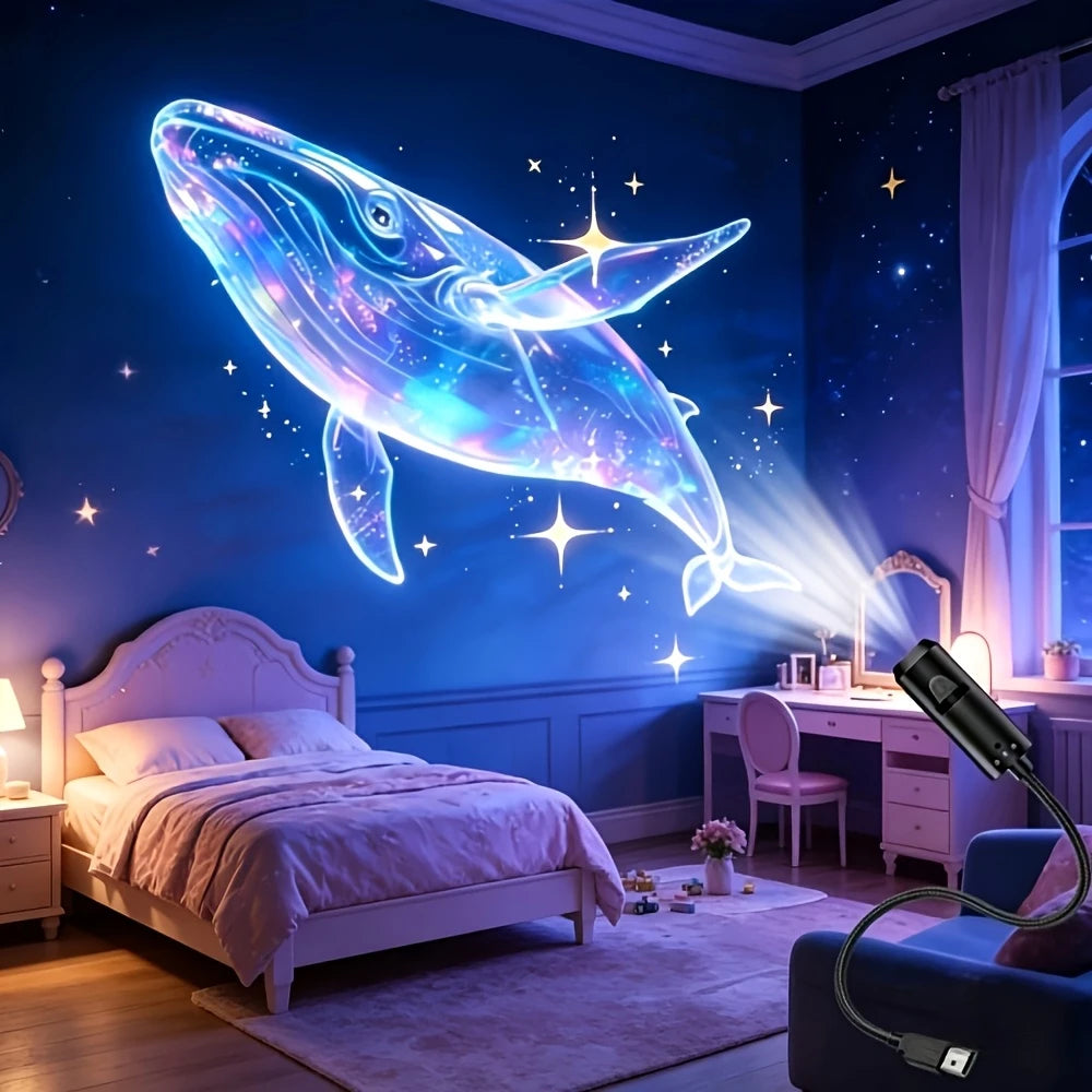 An LED USB projector light displaying an adjustable whale, butterfly, and star pattern illuminating a bedroom.