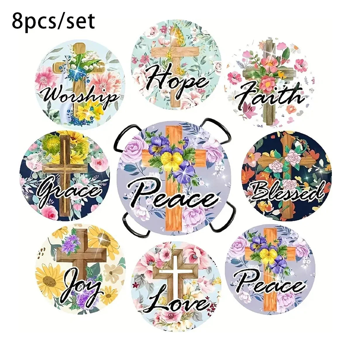A set of eight ocean-themed diamond art coasters featuring Christian themes like Hope, Faith, Grace, Peace, Blessed, Joy, and