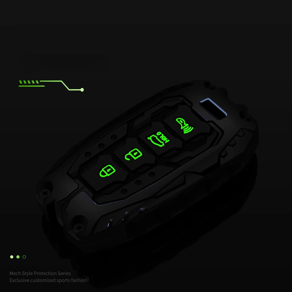A black protective key fob cover with green LED indicators is shown against a dark background.