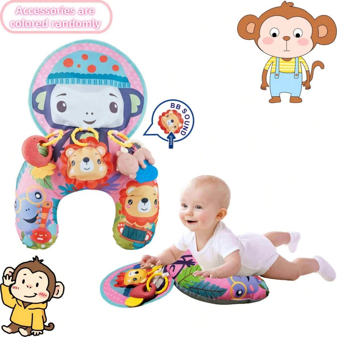 A colorful baby tummy time pillow play mat with attached rattle toys and accessories.