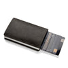 A black leather card holder with multiple cards visible inside.