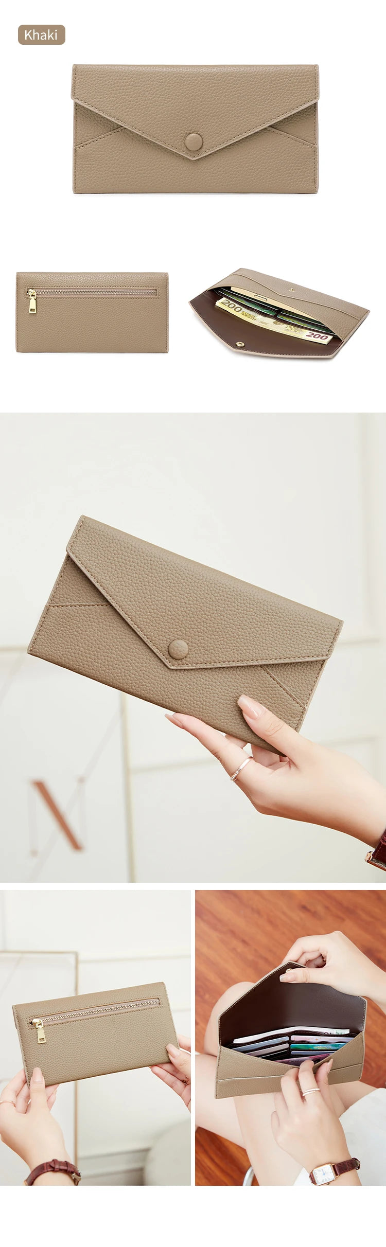 A beige slim RFID-blocking PU leather wallet shown in various views and being held by a hand.