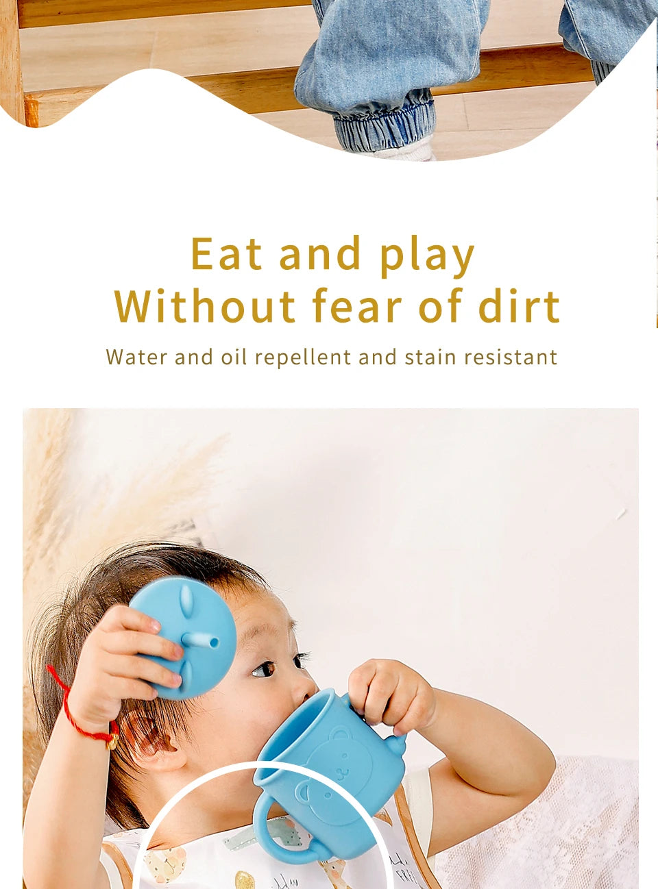 A baby is using a blue waterproof feeding bib to eat, demonstrating its stain and water resistance.