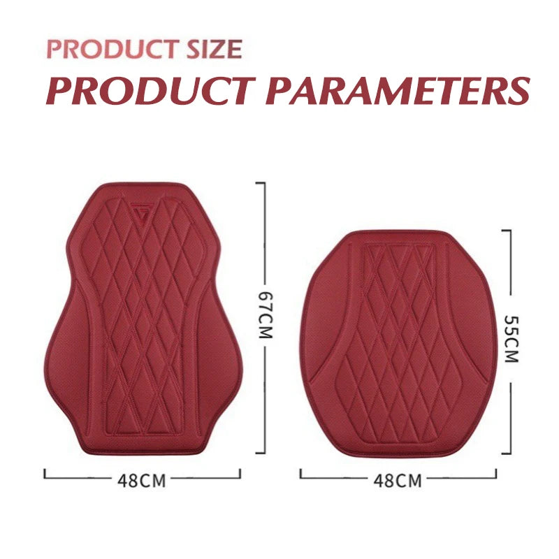 A maroon quilted seat cover for a car seat, showing product size parameters.