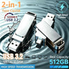 A silver metal U disk featuring both USB 3.2 and Type-C connectors for high-speed data transfer.