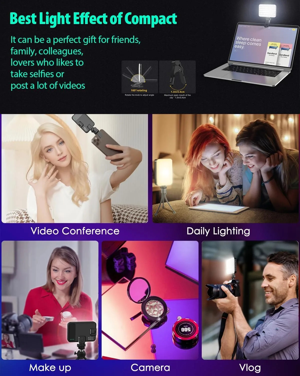 Portable LED Clip-On Selfie Light with 3 Modes
