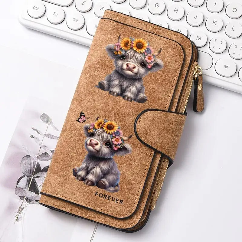 Highland Cow Print Zip-Around Wallet with Card Holder