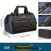 A dark blue tool bag with black and gold accents, featuring multiple compartments and a carrying strap.